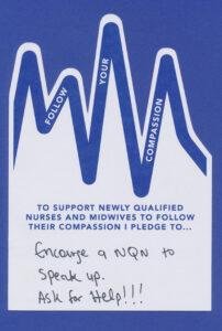 A blue card with the words to support new qualified nurses and midwives.