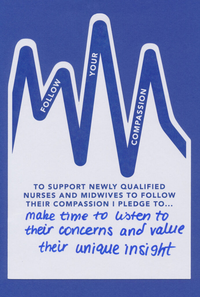 A blue poster with the words support new qualified nurses and midwives to make listen to value their unique insight.