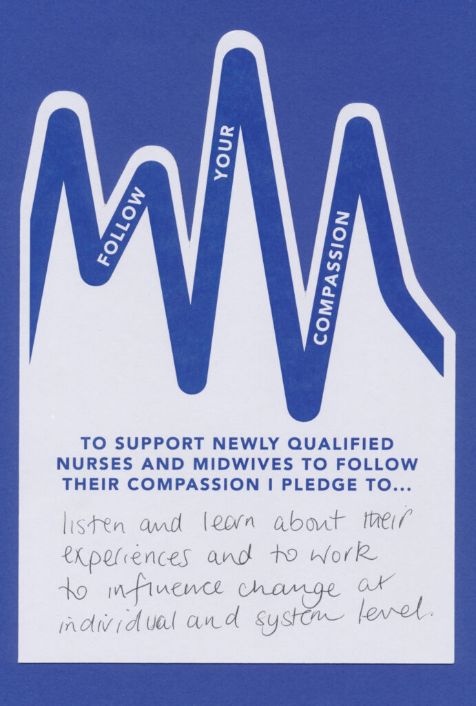 A blue card with the words to support new qualified nurses and midwives.