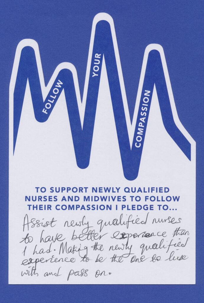 A blue card that says to support new qualified nurses and midwives to follow the card campaign.