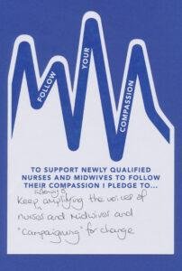 A blue and white card with the words to support new qualified nurses and midwives.