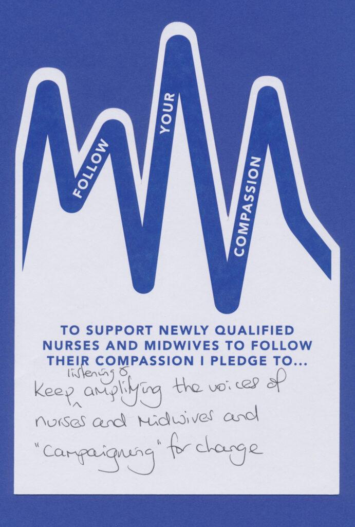 A blue and white card with the words to support new qualified nurses and midwives.