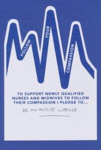 A blue and white poster with the words to support nwo qualified rubber midwives.